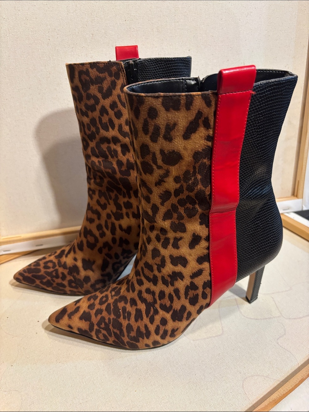 Leopard Print Pointed Toe Ankle Boots - Black & Brown